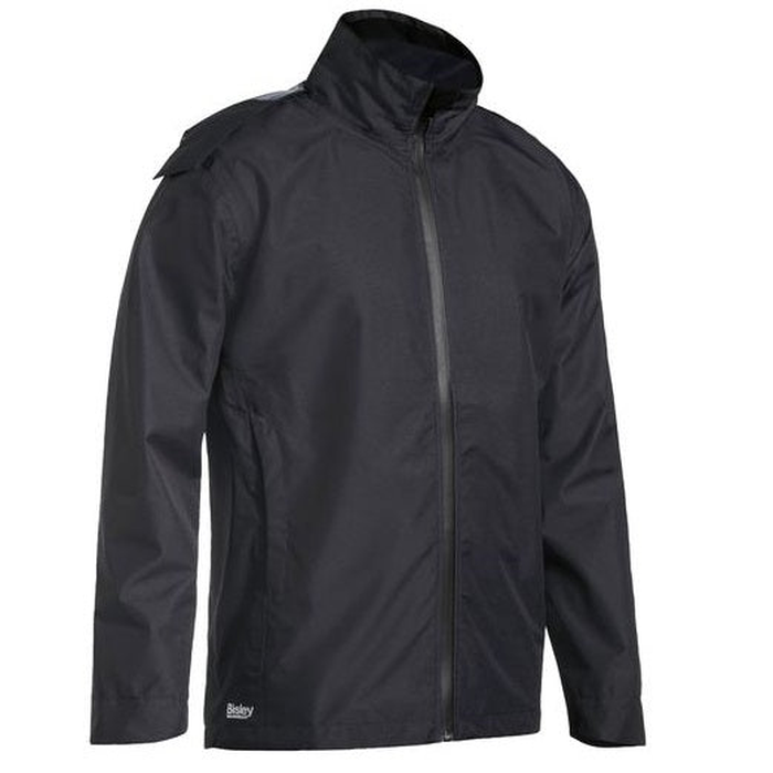 Mens Black, waterproof zip up Bisley BJ6926 Lightweight Ripstop Rain Jacket, front view