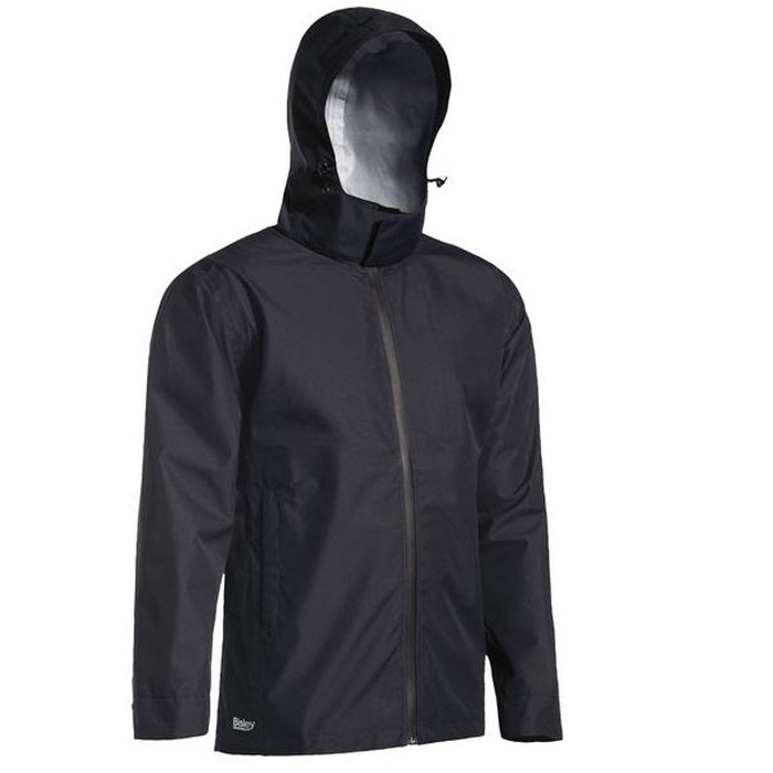 Bisley BJ6926 Lightweight Ripstop Rain Jacket, front view, black, hood up