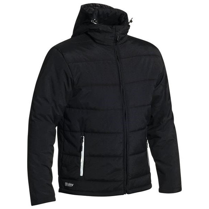 Mens black warm hooded puffer jacket with horizontal quilting, Bisley BJ6928 Puffer Jacket With Adjustable Hood, front view