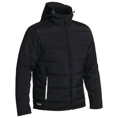 Mens black warm hooded puffer jacket with horizontal quilting, Bisley BJ6928 Puffer Jacket With Adjustable Hood, front view
