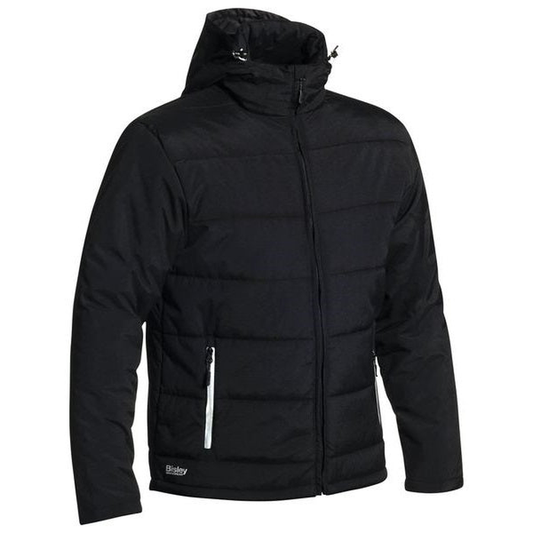 Mens black warm hooded puffer jacket with horizontal quilting, Bisley BJ6928 Puffer Jacket With Adjustable Hood, front view