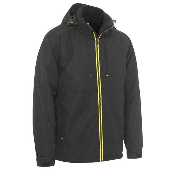 Mens Black, waterproof, zip up, pack away hood, front view, Bisley BJ6943 Flex and Move Heavy Duty Wet Weather Dobby Jacket