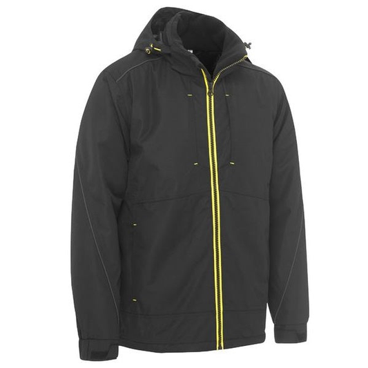 Mens Black, waterproof, zip up, pack away hood, front view, Bisley BJ6943 Flex and Move Heavy Duty Wet Weather Dobby Jacket