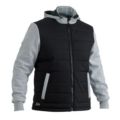 Black and gray hooded zip-up vest, Bisley BJ6944 Flex and Move Contrast Puffer Fleece Hoodie, front view
