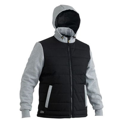 Bisley BJ6944 Flex and Move Contrast Puffer Fleece Hoodie, black and grey, front view