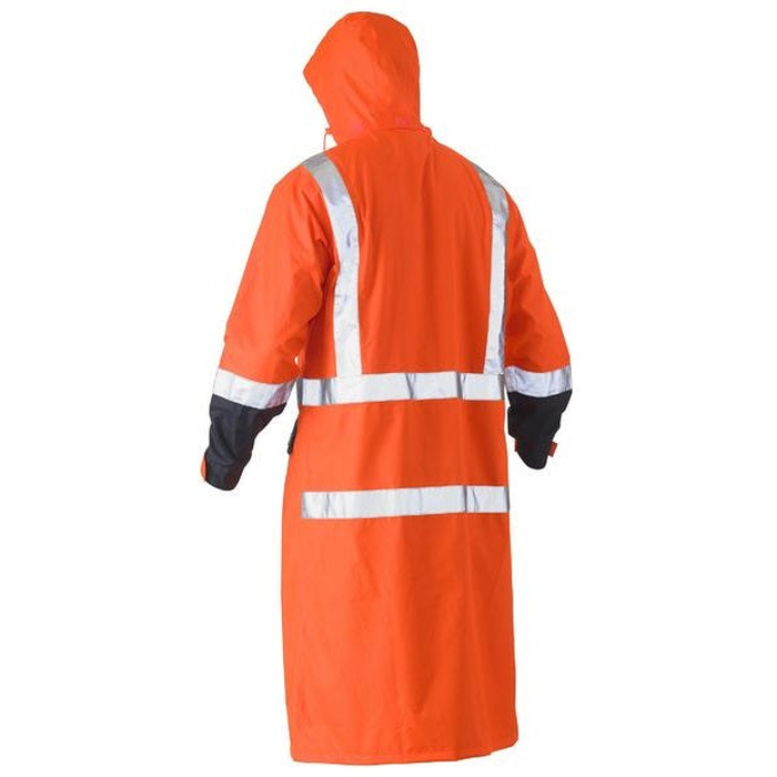 Bisley BJ6961T HiVs Long Rain Coat Taped, orange/navy hooded rear view