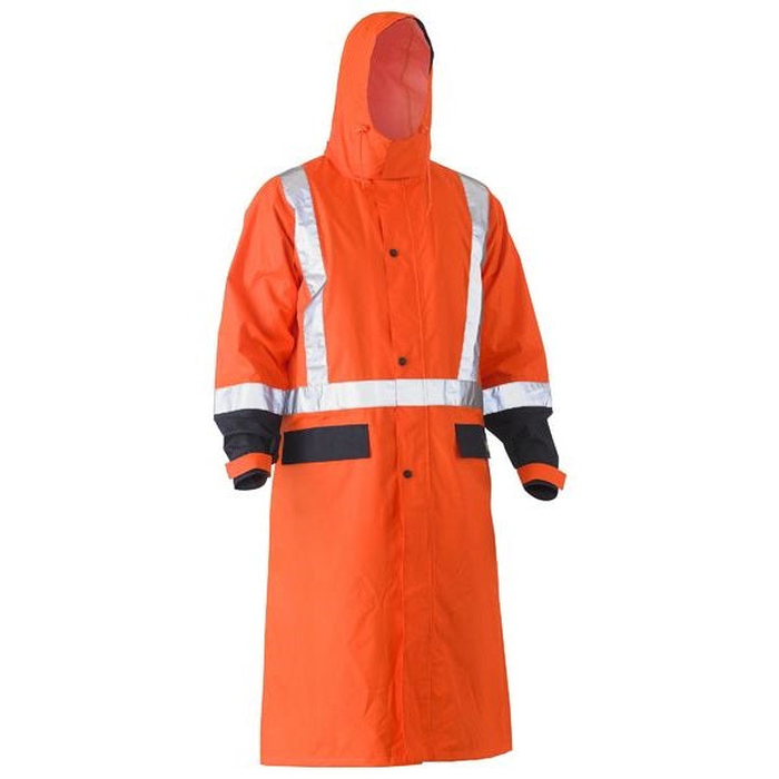 Bisley BJ6961T HiVs Long Rain Coat Taped, orange/navy, hooded front view