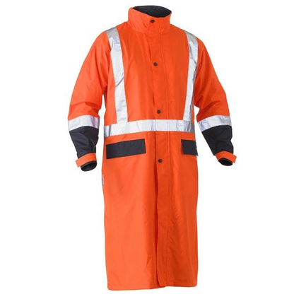 Orange/Navy High visibility, reflective tape, waterproof, two front pockets, reliable, Bisley BJ6961T HiVs Long Rain Coat Taped, front view