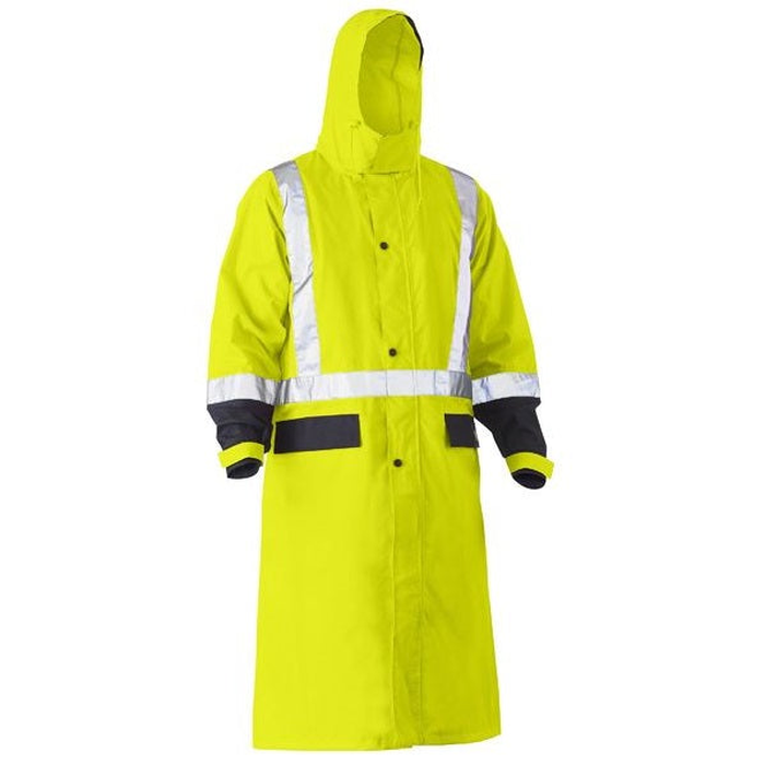 Bisley BJ6961T HiVs Long Rain Coat Taped, yellow/navy, hooded front view, Waterproof