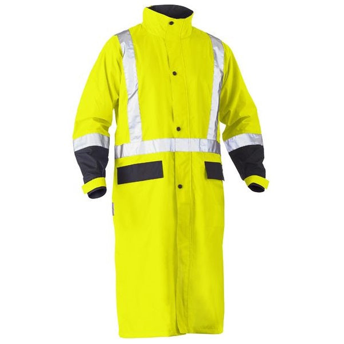High-visibility safety raincoat in bright yellow with navy detail, featuring reflective tape, Bisley BJ6961T HiVs Long Rain Coat Taped, front view
