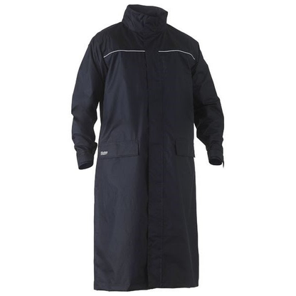 Long length navy, reflective tape, front pockets, Bisley BJ6962 Long Rain Coat, front view