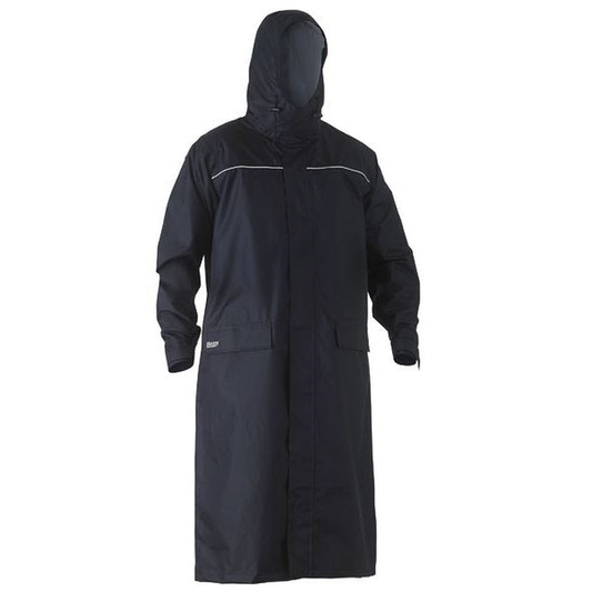 Navy blue, waterproof, traditional fit, hooded, Bisley BJ6962 Long Rain Coat front view