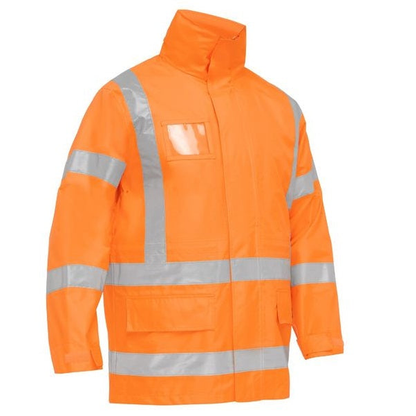 High-visibility rail orange safety jacket with reflective tape, Bisley BJ6974XT X Taped 4-in-1 Rain Jacket, front view