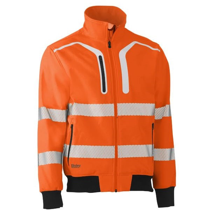 Bisley BJ6979T Taped HiVis Soft Shell Bomber Jacket, Orange, high collar, warm, Bisley BJ6979T Taped HiVis Soft Shell Bomber Jacket, front view