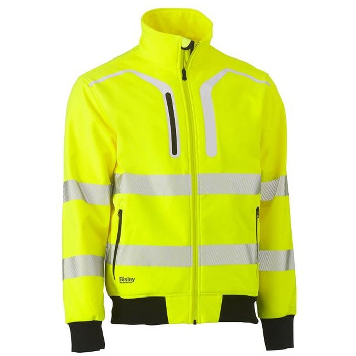 Mens high-visibility neon yellow zip-up jacket with reflective tape, Bisley BJ6979T Taped HiVis Soft Shell Bomber Jacket, front view