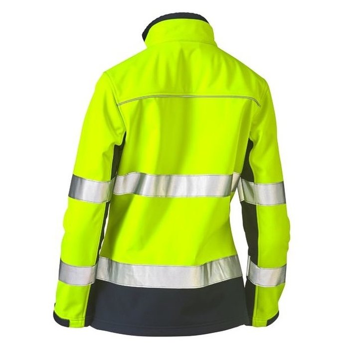 Bisley BJL6059T Womens Taped 2-Tone HiVis Soft Shell Jacket, yellow/navy, rear view