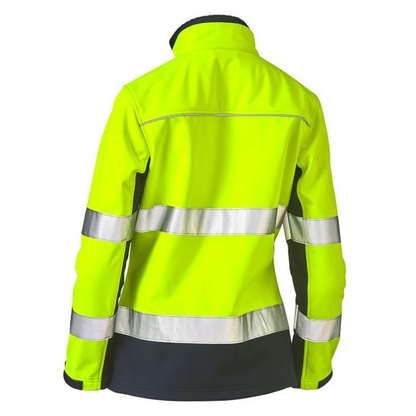 Bisley BJL6059T Womens Taped 2-Tone HiVis Soft Shell Jacket, yellow/navy, rear view