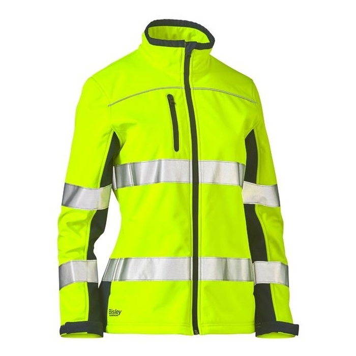 High-visibility yellow, safety jacket with reflective tape, Bisley BJL6059T Womens Taped 2-Tone HiVis Soft Shell Jacket, front view