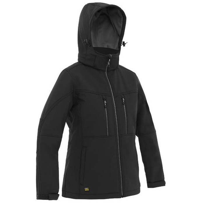 Bisley BJL6570 Womens Flex And Move Hooded Soft Shell Jacket, black fleece, all seasons, water resistant, front view