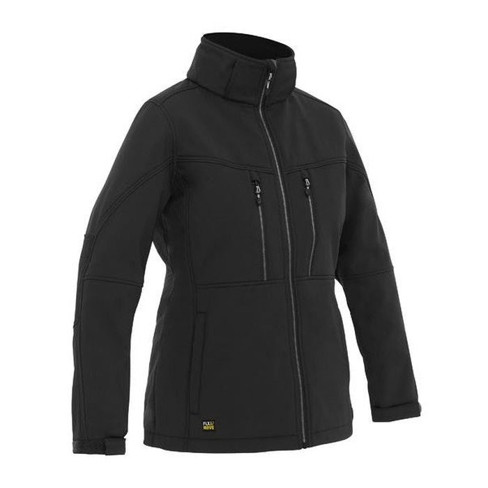 Ladies black, with contrast elbow patch, Bisley BJL6570 Womens Flex And Move Hooded Soft Shell Jacket, full zip up workwear, front view