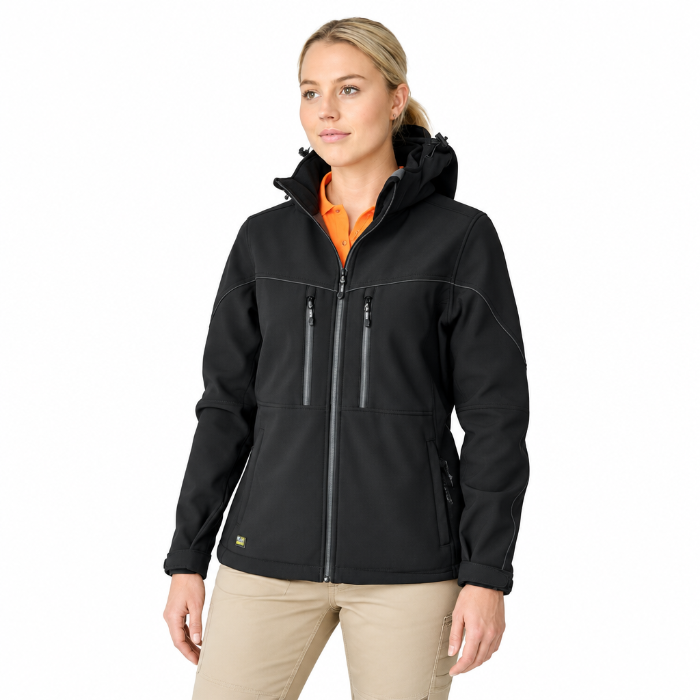 ladies black, front model view, Bisley BJL6570 Womens Flex And Move Hooded Soft Shell Jacket