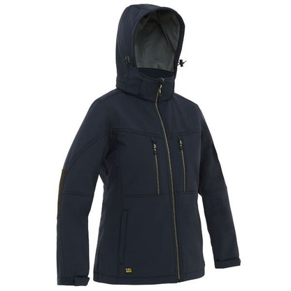 Bisley BJL6570 Womens Flex And Move Hooded Soft Shell Jacket, dark navy multiple zip pockets, front view 