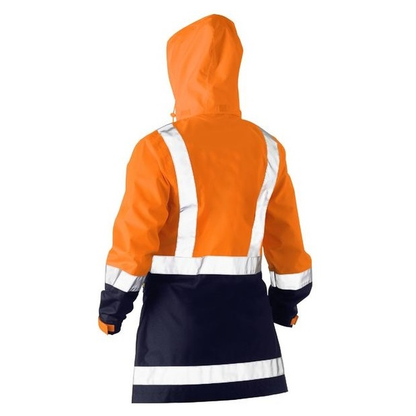 Bisley BJL6766T Womens Taped Hivis Recycled Rain Shell Jacket orange/navy, hooded rear view