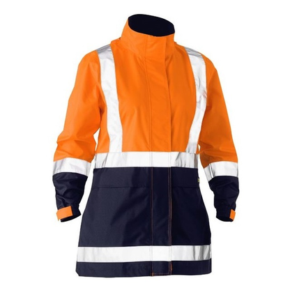 Bisley BJL6766T Womens Taped Hivis Recycled Rain Shell Jacket, orange/navy, modern fit, cuffed sleeves, H reflective tape design, front view