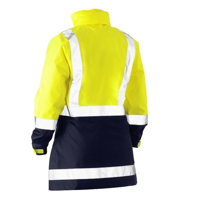 Bisley BJL6766T Womens Taped Hivis Recycled Rain Shell Jacket, yellow/navy, rear view
