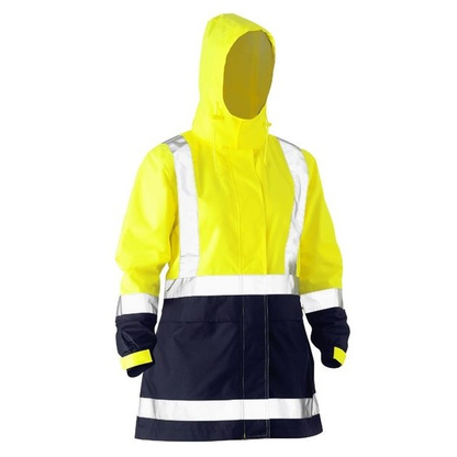 Bisley BJL6766T Womens Taped Hivis Recycled Rain Shell Jacket, hooded view, yellow/navy, sealed seams
