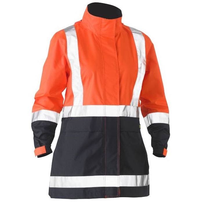 Bisley BJL6966T Womens H Taped 2-Tone HiVs Rain Jacket, orange/navy, modern fit, sealed seams, waterproof, front view