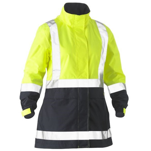 Yellow/navy, high-visibility, waterproof, safety jacket Bisley BJL6966T Womens H Taped 2-Tone HiVs Rain Jacket, front view