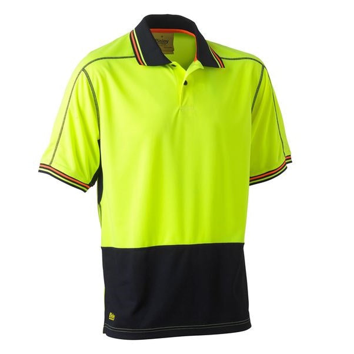 Yellow/navy high-visibility short-sleeve,  Bisley BK1219 2-Tone HiVis Polyester Mesh Short Sleeve Polo Shirt, front view