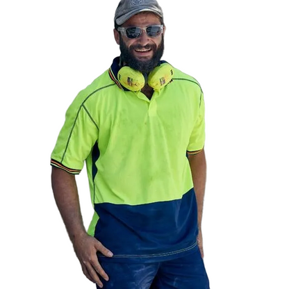 Model view, yellow/navy, Bisley BK1219 2-Tone HiVis Polyester Mesh Short Sleeve Polo Shirt