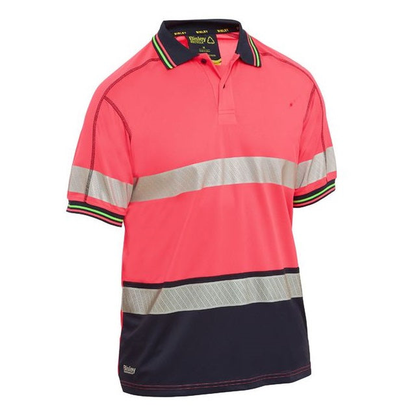 Pink/navy short-sleeve high-visibility polo Bisley BK1219T Taped 2-Tone HiVis Polyester Mesh Short Sleeve Polo Shirt, front view