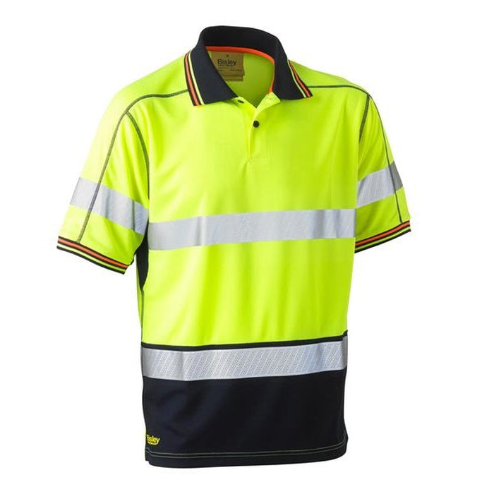 Yellow/navy, front view, Bisley BK1219T Taped 2-Tone HiVis Polyester Mesh Short Sleeve Polo Shirt