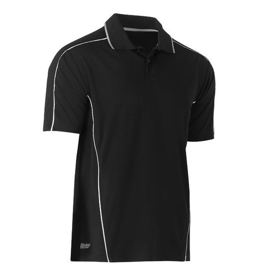 Black short-sleeve polo shirt with white piping accents,  Bisley BK1425 Cool Mesh Polo With Reflective Piping, front view