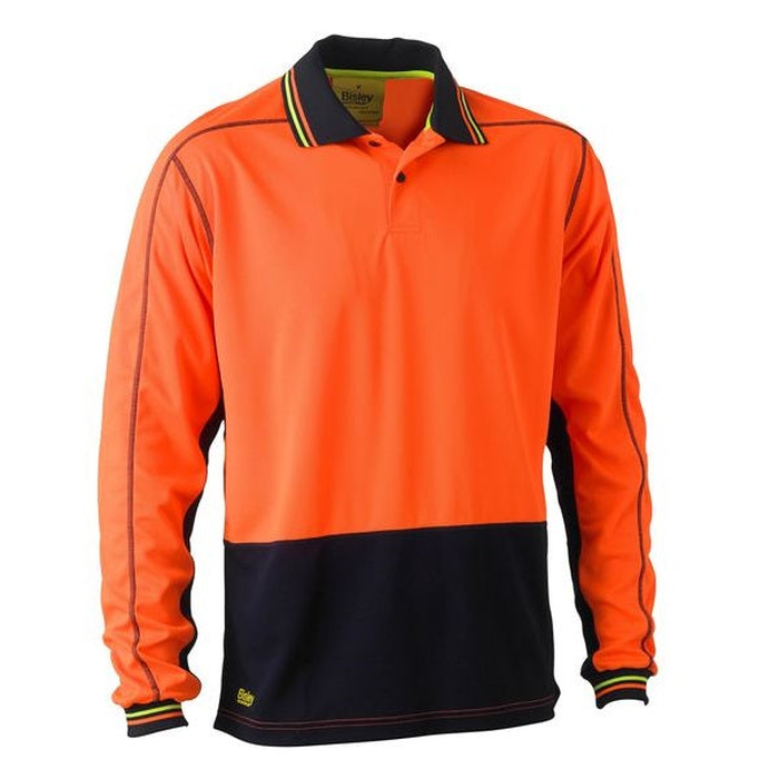 Orange/navy, front view, extra comfortable, Mens Bisley BK6219 2-Tone HiVis Polyester Mesh Long Sleeve Polo Shirt
