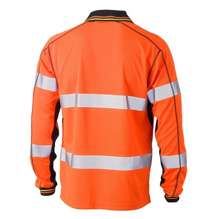 Bisley BK6219T Taped 2-Tone HiVis Polyester Mesh Long Sleeve Polo Shirt, orange/navy, rear view