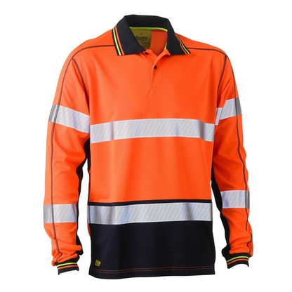 Orange/navyt, premium fabric, Bisley BK6219T Taped 2-Tone HiVis Polyester Mesh Long Sleeve Polo Shirt front view