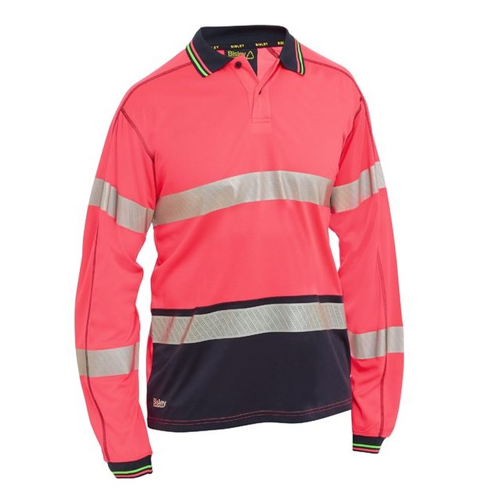 Pink/navy, reflective tape, Bisley BK6219T Taped 2-Tone HiVis Polyester Mesh Long Sleeve Polo Shirt, breathable, front view