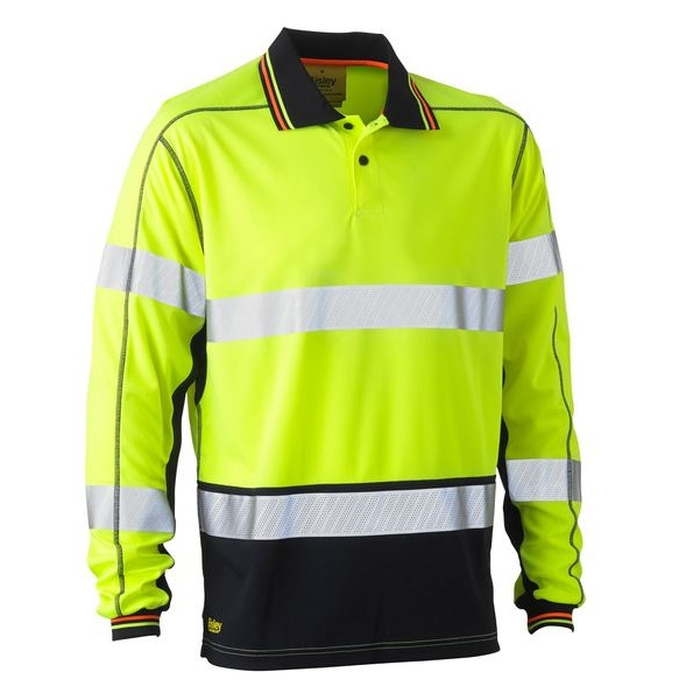 Yellow/navy, long-sleeve high-visibility Bisley BK6219T Taped 2-Tone HiVis Polyester Mesh Long Sleeve Polo Shirt, front view