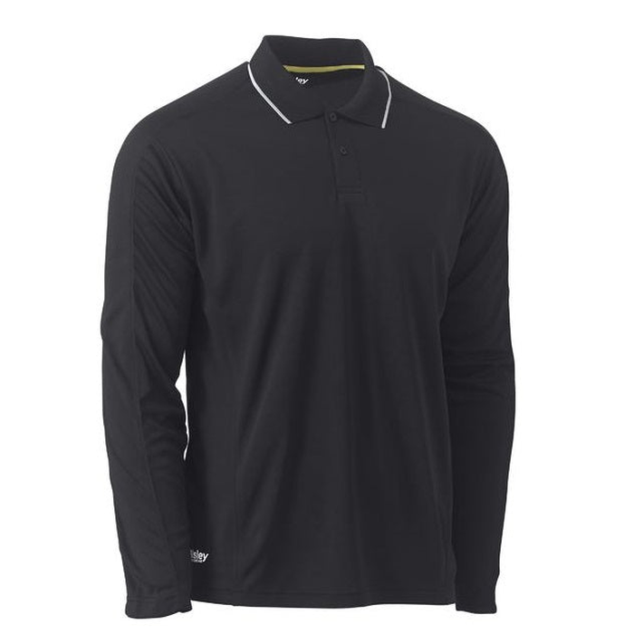 Black, long sleeve , button, classic collar, Bisley BK6425 Cool Mesh Long Sleeve Polo With Reflective Piping, front view
