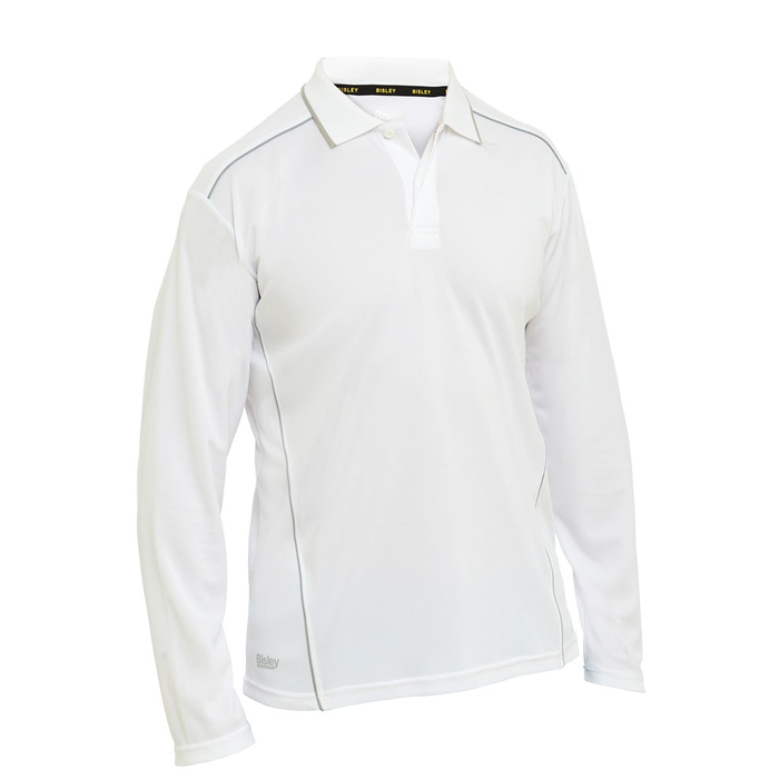 Bisley BK6425 Cool Mesh Long Sleeve Polo With Reflective Piping, modern fit, mens, white with contrasting piping, front view