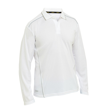 Bisley BK6425 Cool Mesh Long Sleeve Polo With Reflective Piping, modern fit, mens, white with contrasting piping, front view