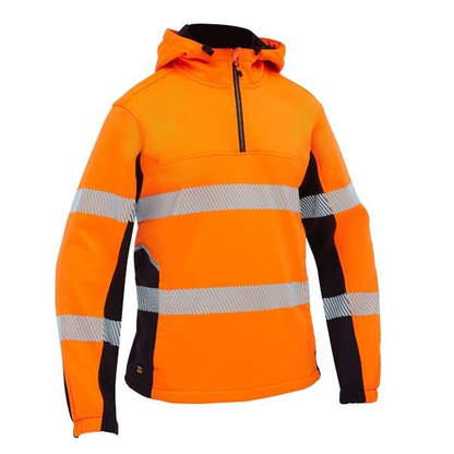 High-visibility orange with reflective tape, no pill fleece, Bisley BK6571T FLX & Move™ Hi Vis Taped Liquid Repellent Fleece Hoodie, front view