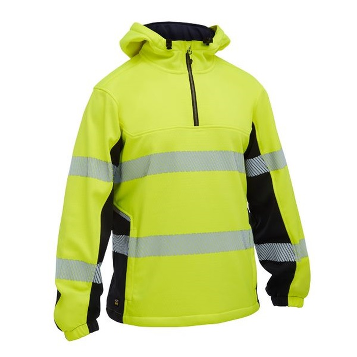 Hi vis yellow, high zip, cuffed sleeves, Bisley BK6571T FLX & Move™ Hi Vis Taped Liquid Repellent Fleece Hoodie, front view
