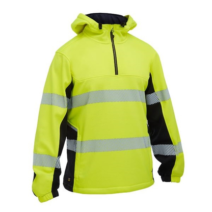 Hi vis yellow, high zip, cuffed sleeves, Bisley BK6571T FLX & Move™ Hi Vis Taped Liquid Repellent Fleece Hoodie, front view
