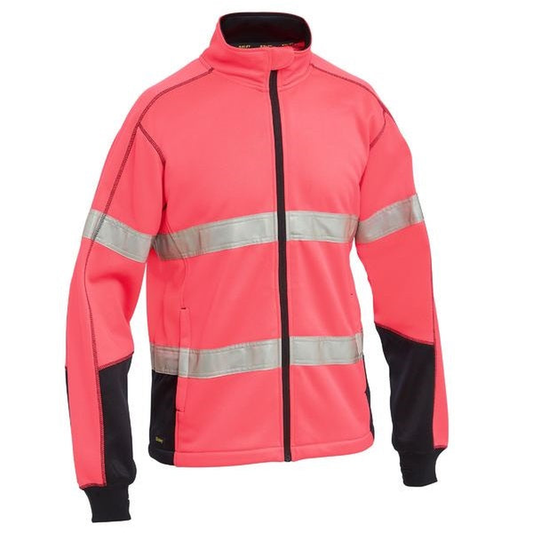 Pink with navy, premium low pill warm fleece, Bisley BK6611T Mens Taped Hi Vis Zip Front Fleece, front view