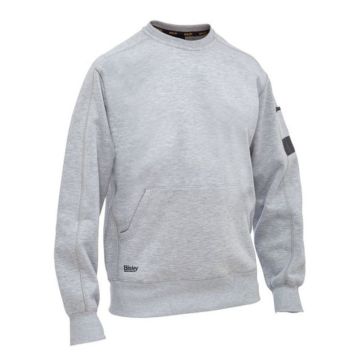 Bisley BK6723 Work Fleece Crew Neck Jumper, grey marle, front kangaroo pocket, front view